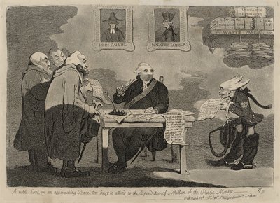 Een Edel Heer over een naderende Vrede te druk om zich bezig te houden met de uitgave van een miljoen van het publieke geld [verso] door James Gillray