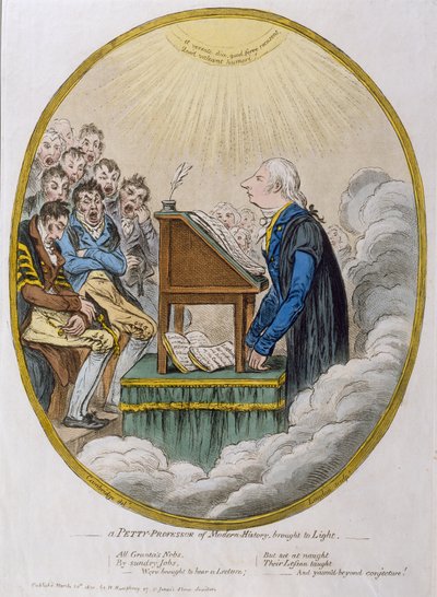 Een kleine professor van moderne geschiedenis aan het licht gebracht, gepubliceerd door Hannah Humphrey in 1810 door James Gillray