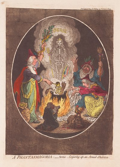 Een Phantasmagoria: Scène - Het Oproepen van een Gewapend Skelet, pub. 1803 door James Gillray