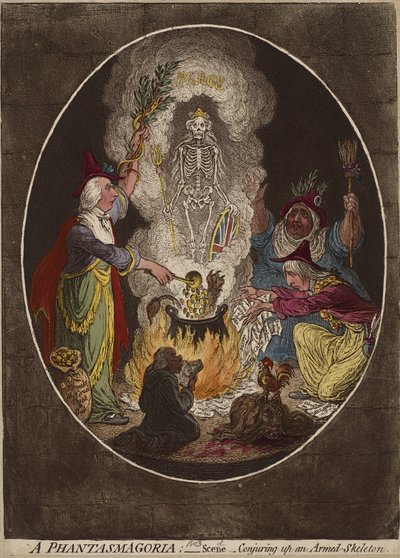 Een Fantasmagorie; - Scène - Het oproepen van een gewapend skelet, 5 januari 1803 door James Gillray