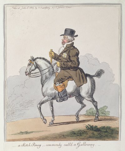 Een Schotse Pony, gewoonlijk een Galloway genoemd, uitgegeven door Hannah Humphrey in 1803 door James Gillray