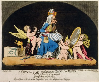 Een Vestal van -93 die de Cestus van Venus probeert, uitgegeven door Hannah Humphrey in 1793 door James Gillray