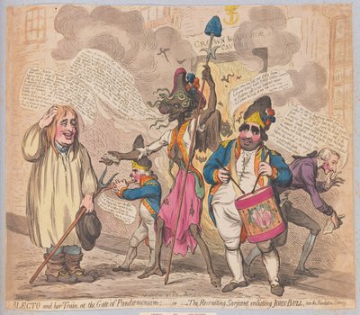 Alecto en haar gevolg bij de poort van Pandaemonium of de rekruteringssergeant die John Bull in dienst neemt voor de revolutionaire dienst, uitgegeven (handgekleurde gravure) door James Gillray