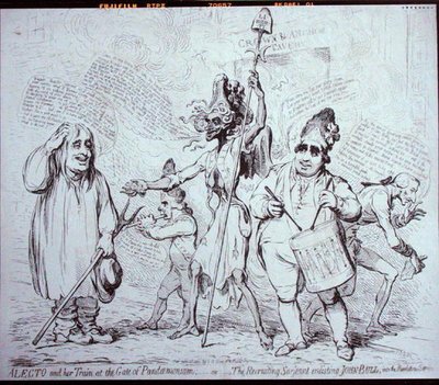 Alecto en haar gevolg bij de poort van Pandemonium, of De wervingssergeant die John Bull in dienst neemt voor de revolutiedienst, uitgegeven door S.W. Fores in 1791 door James Gillray