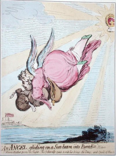 Een engel glijdt op een zonnestraal het paradijs in door James Gillray