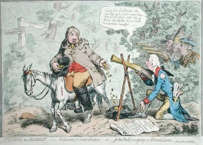 Bedelen geen Diefstal: i.e. Vrijwillige Bijdrage, of John Bull die ontsnapt aan een Gedwongen Lening door James Gillray