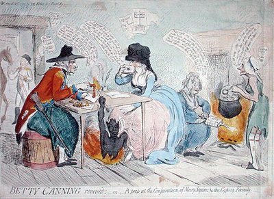 Betty Canning herleeft, of een blik op de bezwering van Mary Squires & de zigeunerfamilie, gepubliceerd door J.M. Fobes in 1791 door James Gillray