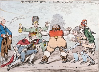 Blindemannetje, of Te Veel voor John Bull, gepubliceerd door Hannah Humphrey in 1795 door James Gillray