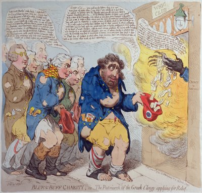 Blauw en Buff Liefdadigheid, of De Patriarch van de Griekse Geestelijkheid die om hulp vraagt, uitgegeven door Hannah Humphrey in 1793 door James Gillray
