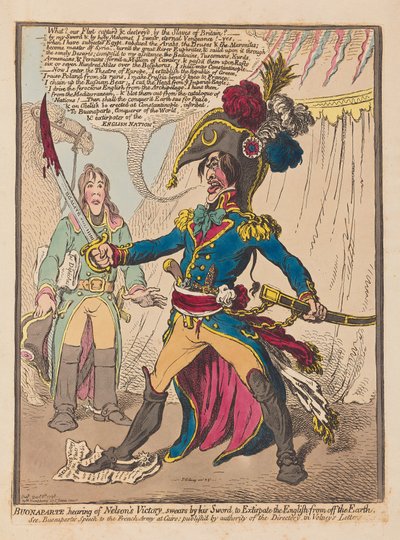 Bonaparte die hoort van Nelsons overwinning zweert bij zijn zwaard om de Engelsen van de aarde te verdrijven, uitgegeven 1798 door James Gillray