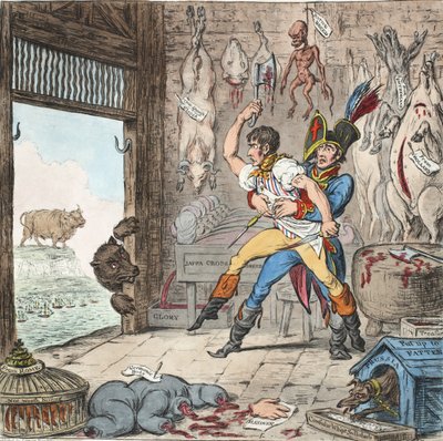 Boney en Talley, De Corsicaanse slagersrekening - Geen kwartdag!, pb. 1803 (handgekleurde gravure) door James Gillray