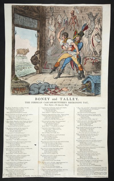 Boney en Talley, De Corsicaanse slagersrekening - Geen kwartdag!, pb. 1803 (handgekleurde gravure) door James Gillray
