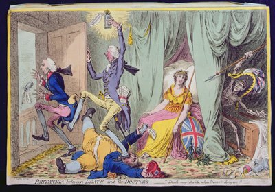 Britannia tussen de dood en de dokters, gepubliceerd door Hannah Humphrey in 1804 door James Gillray