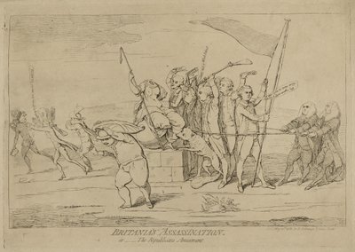 De moord op Britannia of Het vermaak van de republikeinen, gepubliceerd op 10 mei 1782 door James Gillray