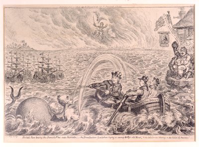 Britse zeelieden slepen de Deense vloot de haven in, 1807 door James Gillray