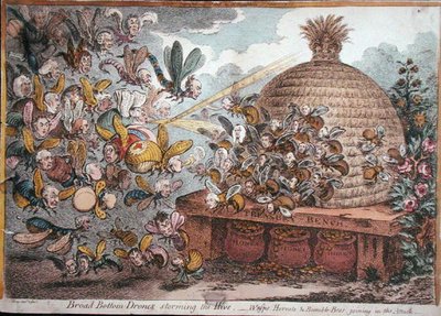 Breedbodem drones bestormen de bijenkorf, wespen, horzels en hommels sluiten zich aan bij de aanval door James Gillray