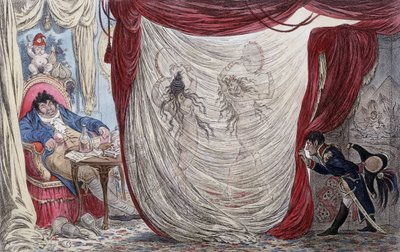 Cartoon over Napoleon, Paul Barras, Josephine en Mademoiselle de Fontenay, genaamd ook Teresa Cabarrus, genaamd Madame Tallien, of deze dames dansen naakt voor Barras, onder het stiekeme oog van Napoleon door James Gillray