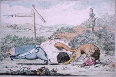 Plaatsen Wisselen, of Fox die de Das uit zijn Nest Verjaagt door James Gillray