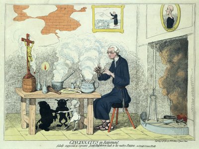 Cincinnatus in pensioen, gepubliceerd 1782 door James Gillray