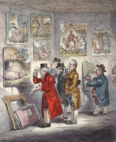 Kenners Onderzoeken een Collectie van George Morlands Schilderijen door James Gillray