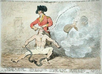 Het Koelen van de Hersenen, of De Kleine Burgemeester die de Scheerder Scheert door James Gillray