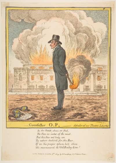Raadsman O.P.-Verdediger van onze theatrale vrijheden, 5 december 1809 door James Gillray