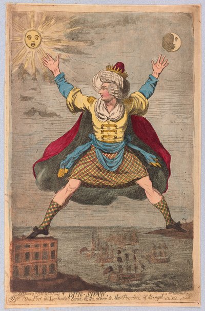 Dun-Shaw, met één voet in Leadenhall Street en de andere in de provincie Bengalen, uitgegeven 1788 door James Gillray