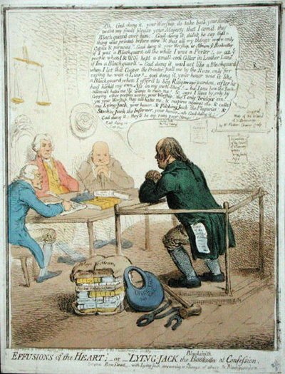 Uitstortingen van het hart, of Liegende Jack de smid bij de biecht, gepubliceerd door Hannah Humphrey in 1795 voor de Filantropische Vereniging door James Gillray