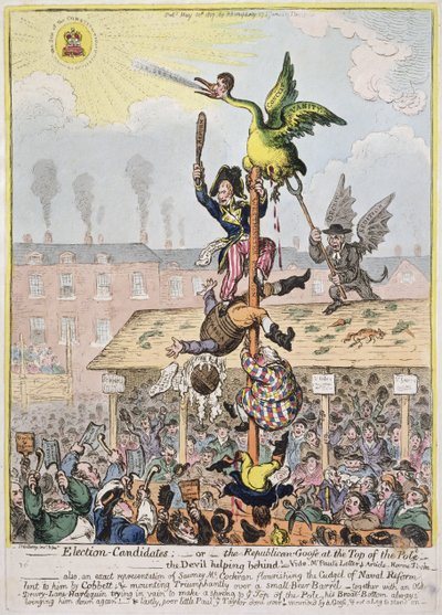 Verkiezingskandidaat, of de Republikeinse Gans aan de Top van de Paal, gepubliceerd door Hannah Humphrey in 1807 door James Gillray