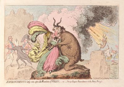 Betoveringen onlangs gezien op de bergen van Wales of Shon-ap Morgans verzoening met de feeënprinses, uitgegeven 1796 door James Gillray