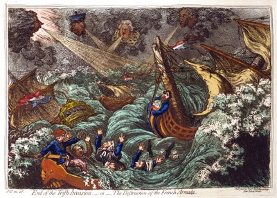 Einde van de Ierse invasie - of - De vernietiging van de Franse Armada, James Gillray 1797. Franse schepen verwoest in storm opgeblazen door Pitt, linksboven en zijn ministers. Charles James Fox en zijn oppositiebondgenoten in gevaar van verdrinking. door James Gillray