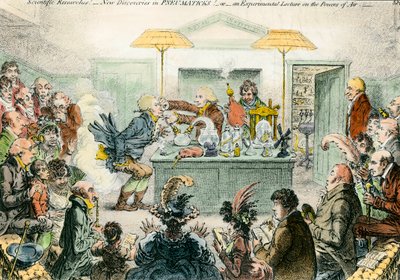 Engelse satire op wetenschap: nieuwe ontdekkingen in pneumatische materialen door James Gillray