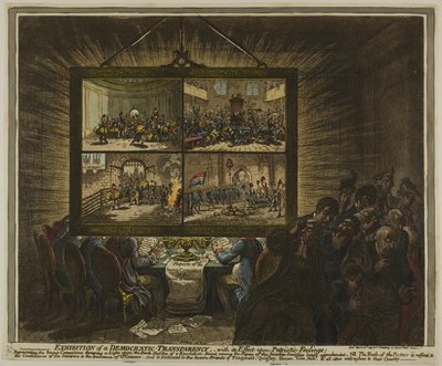 Tentoonstelling van een democratische transparantie, met zijn effect op patriottische gevoelens door James Gillray