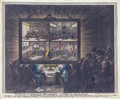 Tentoonstelling van een democratische transparantie, met zijn effect op patriottische gevoelens door James Gillray