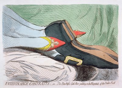 Modieuze Contrasten, of Het kleine Schoentje van de Hertogin dat toegeeft aan de Grootte van de Voet van de Hertog, gepubliceerd door Hannah Humphrey in 1792 door James Gillray