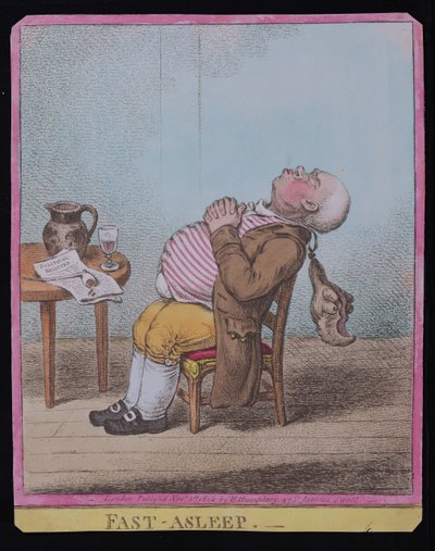 Vast in Slaap, gepubliceerd door Hannah Humphrey in 1806 door James Gillray