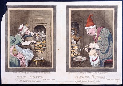 Sprats bakken, of koninklijk avondmaal, en muffins roosteren, of koninklijk ontbijt, gepubliceerd door Hannah Humphrey in 1791 (handgekleurde ets) door James Gillray
