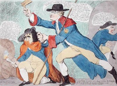 Guy Vaux ontdekt in de poging om de koning en het Hogerhuis te vernietigen, gepubliceerd door Hannah Humphrey in 1791 door James Gillray
