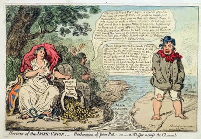 Verschrikkingen van de Ierse Unie: Last van Arme Pat, of Een Fluistering over het Kanaal, gepubliceerd door Hannah Humphrey door James Gillray