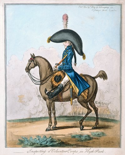 Inspectie van een vrijwilligerskorps in Hyde Park, gepubliceerd door Hannah Humphrey in 1803 door James Gillray