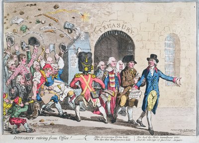 Integriteit trekt zich terug uit het ambt, gepubliceerd door Hannah Humphrey in 1801 door James Gillray