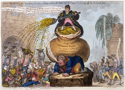 John Bull en het Zinkfonds - een klein plan om de belastingen te verlagen en de nationale schuld af te betalen, uitgegeven door H Humphrey, Londen, 1807 door James Gillray