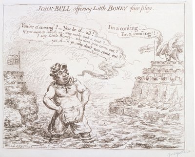 John Bull biedt Little Boney fair play aan, gepubliceerd door Hannah Humphrey in 1803 door James Gillray
