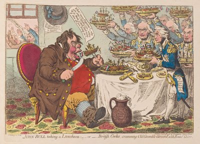 John Bull luncht of Britse koks die Old Grumble Gizzard volstoppen met Bonne Chere, uitgegeven 1798 door James Gillray