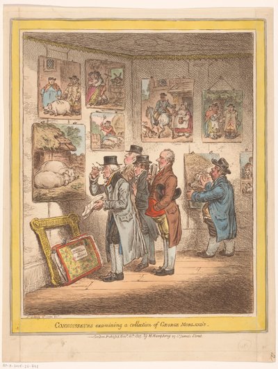Kunstkenners bekijken schilderijen van George Morland door James Gillray