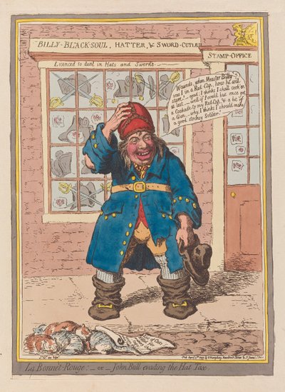 La Bonnet Rouge of John Bull ontwijkt de hoedbelasting, pub. 1797 door James Gillray