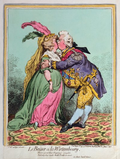 Le Baiser à la Wirtembourg, gepubliceerd door Hannah Humphrey in 1797 door James Gillray