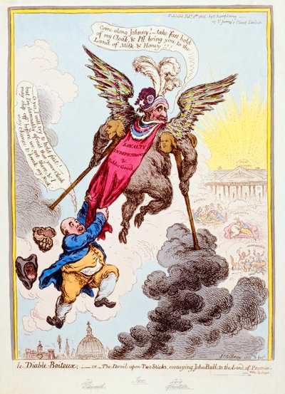 Le Diable-Boiteux, of De Duivel op Twee Stokken die John Bull naar het Beloofde Land Brengt, gepubliceerd door Hannah Humphrey in 1806 door James Gillray