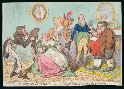 Stoppen met Poeder, of Een Zuinig Gezin dat de Guinea Bespaart, uitgegeven door Hannah Humphrey in 1795 door James Gillray