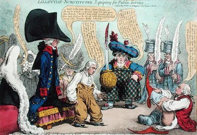 Lilliputian-Substitutes, Voorbereiding voor openbare dienst, uitgegeven door Hannah Humphrey in 1801 door James Gillray